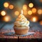 Bokeh background, birthday cupcake, burning candle, festive celebration delight