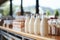 Bokeh effect blurred bright interior of a busy grocery store with colorful produce and shelves