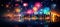 Bokeh fireworks colorful explosions illuminating the night sky, with blurred city skyline.
