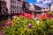 Bokeh shot of brightly colored flowers alongside the Meuse river, Ghent, Belgium