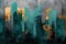 A bold abstract painting, evoking a cityscape with strokes of teal and gold over a textured grey background