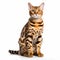 Bold And Beautiful Bengal Cat Sitting On White Background