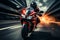 Bold biker on red motorcycle blurs down highway, front view capturing thrilling motion