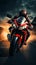 Bold biker on red motorcycle blurs down highway, front view capturing thrilling motion