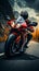 Bold biker on red motorcycle blurs down highway, front view capturing thrilling motion