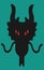 A bold black demonic beast head with fiery red eyes against an olive green backdrop