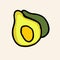 Bold black outline of green avocado, seed avocado, slice of avocado. hand drawn vector. doodle fruit and vegetable. modern scribbl
