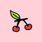 Bold black outline of red cherry with green leaf isolated on pink background. hand drawn vector. doodle fruit and vegetable for ki