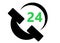 A bold black simple phone handset shape with a crescent moon and the number 24 white backdrop