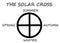 A bold black symbol of the Solar Cross representing the four seasons white backdrop