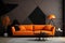Bold Black wall orange sofa. Generate Ai