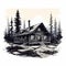 Bold Black And White Cabin Illustration: Nostalgic Charm In Painterly Style