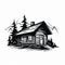 Bold Black And White Cabin Illustration: Rustic Log Cabin In Logo Style