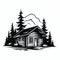 Bold Black And White Cabin In Pines: Graphic Silhouette Stock Photo