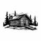 Bold Black And White Log Cabin Illustration With Snowy Trees