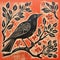 Bold Block Print Of A Black Bird Flying Among Orange Leaves