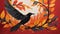 Bold Block Print Of A Black Bird Flying Among Orange Leaves.
