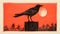 Bold Block Print Black Bird On Wooden Post With Moon