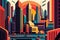 Bold and Bright Retro City Skyline Illustration with Exaggerated Proportions. Generative AI