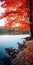 Bold Color Scheme: Uhd Image Of Red Leaves Tree On Shore