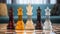Bold And Colorful Glass Chess Pieces On Wooden Deck