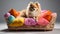 Bold And Colorful Pomeranian Dog In Woven Dog Bed
