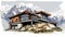 Bold And Dynamic Luxury Chalet Drawing On Rock - Comic-book Inspired Illustration