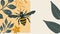 A bold graphic of a bee with stylized leaves and flowers, in a warm, inviting color palette
