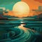 Bold Graphic Illustration Of Coastal Landscape With Teal Color