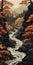 Bold Graphic Illustration Of A Darkly Detailed Forest On A Stream
