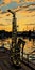 Bold Graphic Illustration Of Saxophone On Dock At Sunset