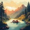 Bold Graphic Rafting Illustration In Mountain Landscape