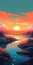 Bold Graphic Sunset Illustration With Mountains, River, And Trees