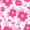 Bold hot pink stylized halftone flowers and leaves scattered on white background vector seamless pattern