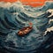 Bold Illusory Boat Racing Across The Ocean - Nostalgic Illustration