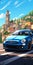 Bold And Interactive Animated Mosaic: Blue Car Driving Through Hyper-realistic Village