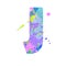 Bold letter J with effect of liquid spots of paint in blue, green, pink colors