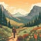 Bold Lithographic Illustration Of Hiker Exploring Mountain Trail