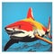 Bold Lithographic Print Of A Red And Yellow Shark In The Water