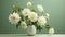 Bold And Nature-inspired: White Dahlias In A Ceramic Vase On A Green Background