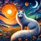 Bold painting of arctic fox, in the midnight sun, at summer, wild place, moon, flower, clouds, sky