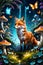 Bold painting of beautiful fox in a magical meadow, bathed in moonlit, mushrooms, flowers butterflies, wallpaper, animal