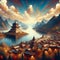 A bold painting of beautiful stunning landscape, woth mountains view, village, lake, sky and clouds, fantasy art