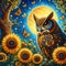A bold painting of a big wise owl on a tree with moon, butterflies, sunflowers, tree leaves, beautiful detailed glow, night scene