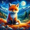 A bold painting of a cute and adorable fox, with stunning hill, moonlit, starry night, wildflower, colorful, fantasy, animal