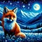 A bold painting of cute and adorable fox, in a stunning hill, at a starry night with moonlit, wildflower, mountain, nature view