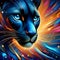 A bold painting of panther with sharp eyes, in a breathtaking abstract background, animal art, colorful, fantasy design