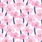 Bold pink flowers on white spring seamless pattern.