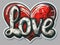 Bold pop art sticker with the word \\\'love\\\' in vibrant lettering, showcasing red and white colors