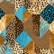 Bold Quilt-Inspired Leopard Pattern with Blue Accents and Textured Patches